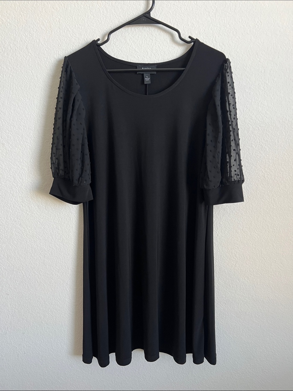 Black Midi Shift Dress with Sheer Swiss Dot Sleeves, evening, date night, career